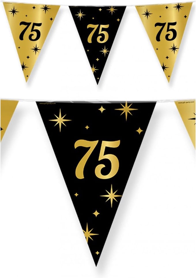 75 jaar Leeftijd verjaardag vlaggetjes - zwart/goud - 10 meter - versiering - feestartikelen
