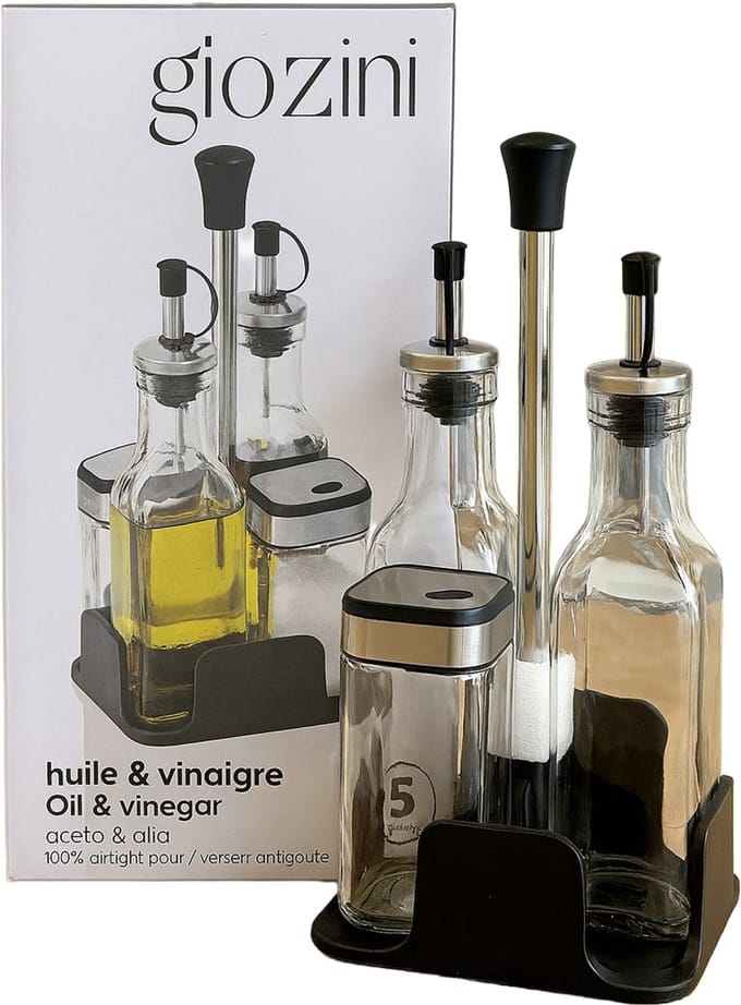 Glozini Olie- en Azijn Set met Zout & Peper - 5-delig - Glas & RVS - Incl. Houder