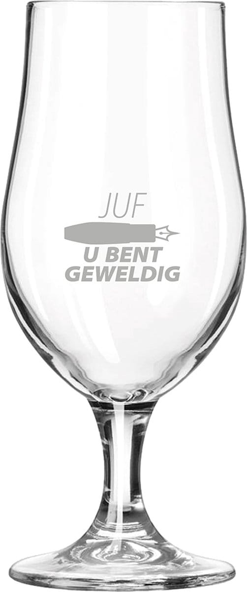Gegraveerde bierglas op voet 49cl Juf u bent geweldig