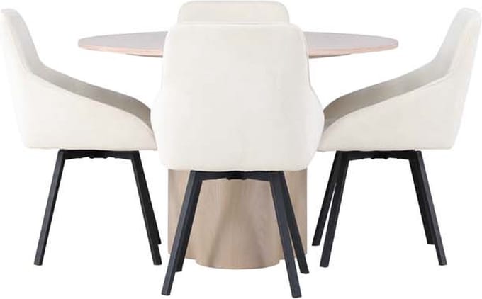 Olivia eethoek tafel whitewash en 4 Rosie stoelen beige.
