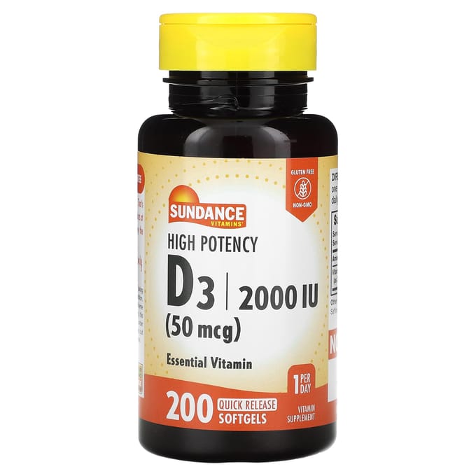 Sundance Vitamins, D3 Haute Puissance, 50 mcg (2 000 UI), 200 Gélules Molles à Libération Rapide