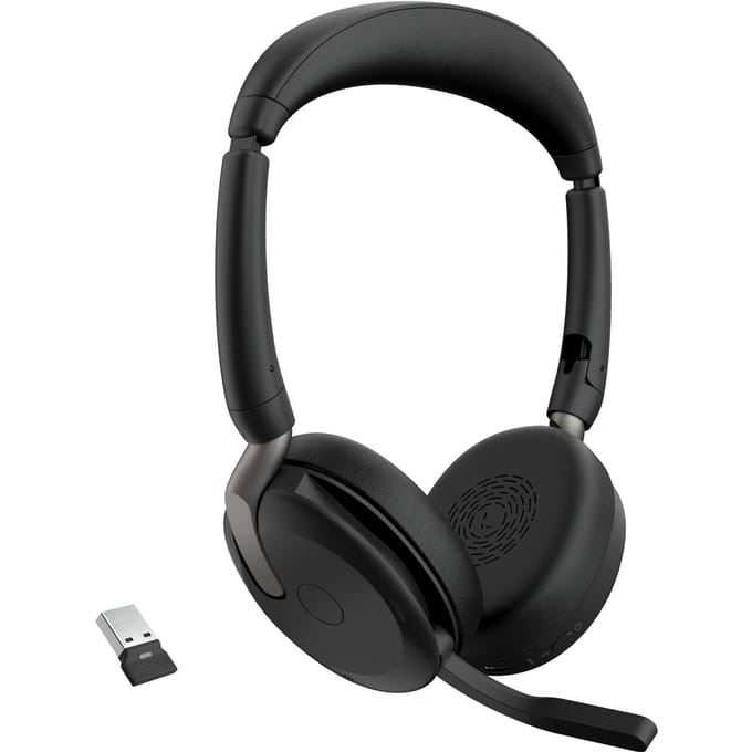 Jabra Evolve2 65 Flex Link380c MS On Ear headset Bluetooth Stereo Zwart Noise Cancelling Headset, Microfoon uitschakelbaar (mute), Volumeregeling,