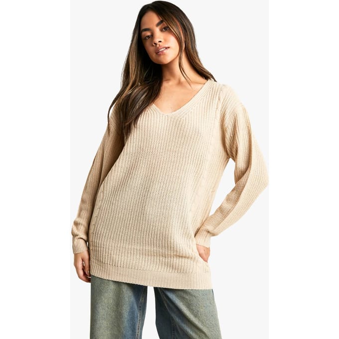 boohoo Dames V-hals oversized trui | Oatmeal | Maat: Medium