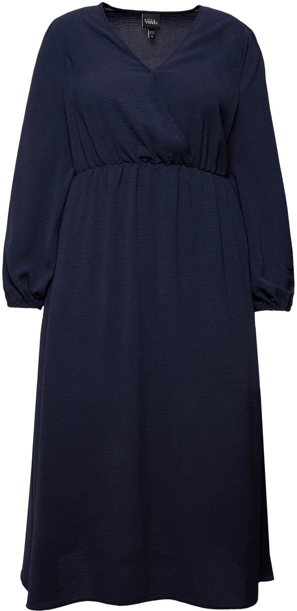 Ulla Popken - Dames - Midi-jurk wikkellook A-lijn V-hals lange mouwen - Marine - Maat 42+