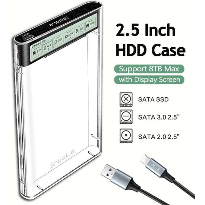 Smart Display HDD Behuizing 2.5 Inch Transparante HDD Behuizing USB3.2 Gen2 Externe HDD Behuizing SATA HDD SSD Opslagbehuizing voor Laptop PC gray