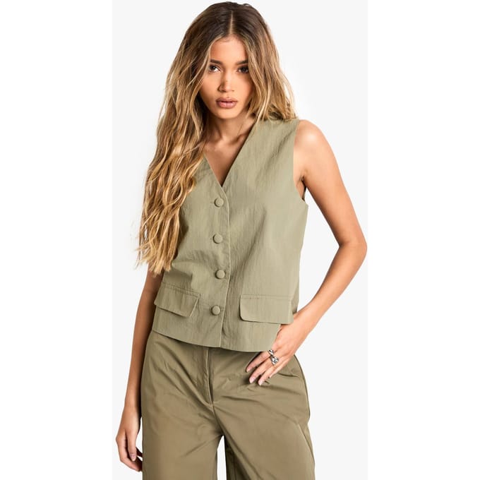 boohoo Dames Tailored Nylon Button Waistcoat | Olijf | Maat: 38