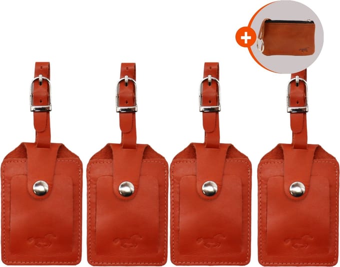Kofferlabels - 4 stuks - bagagelabels - 1 sleuteletui - leer - oranje