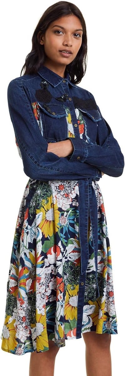 Damesjurk Denim met Bloemenprint en Tailleband