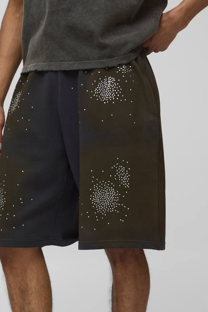 Oversized gewassen jersey shorts met strass | Charcoal | Size XL