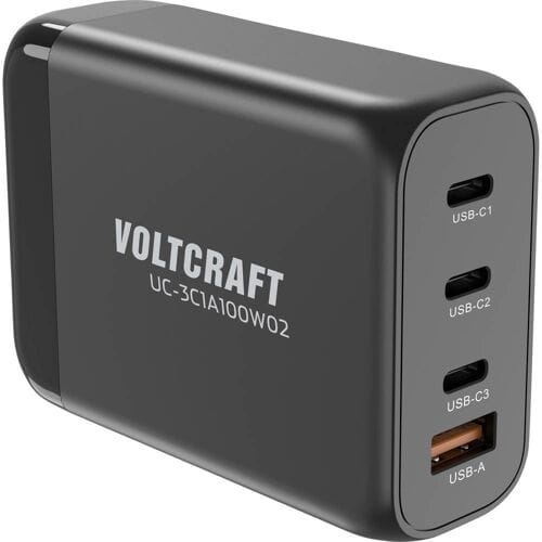 VOLTCRAFT UC-3C1A100W02 USB-oplader 100 W 3x USB-C, 1x USB-A USB PD Zwart Binnen GaN, USB Power Delivery (USB-PD), Snellader