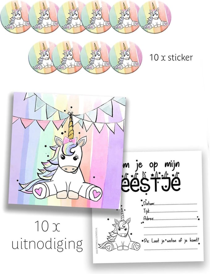 Kinderfeestje Eenhoorn - Unicorn - Kinderuitnodinging - Regenboog - 10 stuks - 10 stickers- kinderfeest
