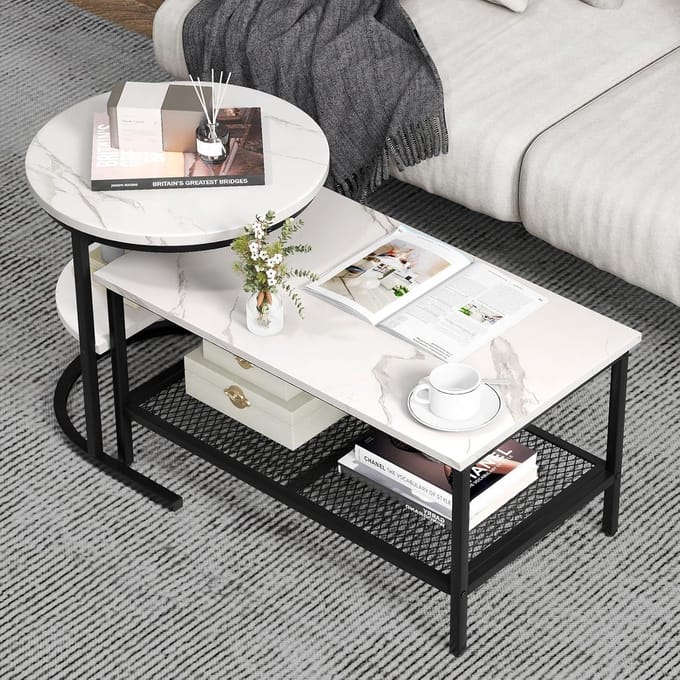 Set van 2 Stapelbare Salontafels met Kunstmarmer en Metalen Frame