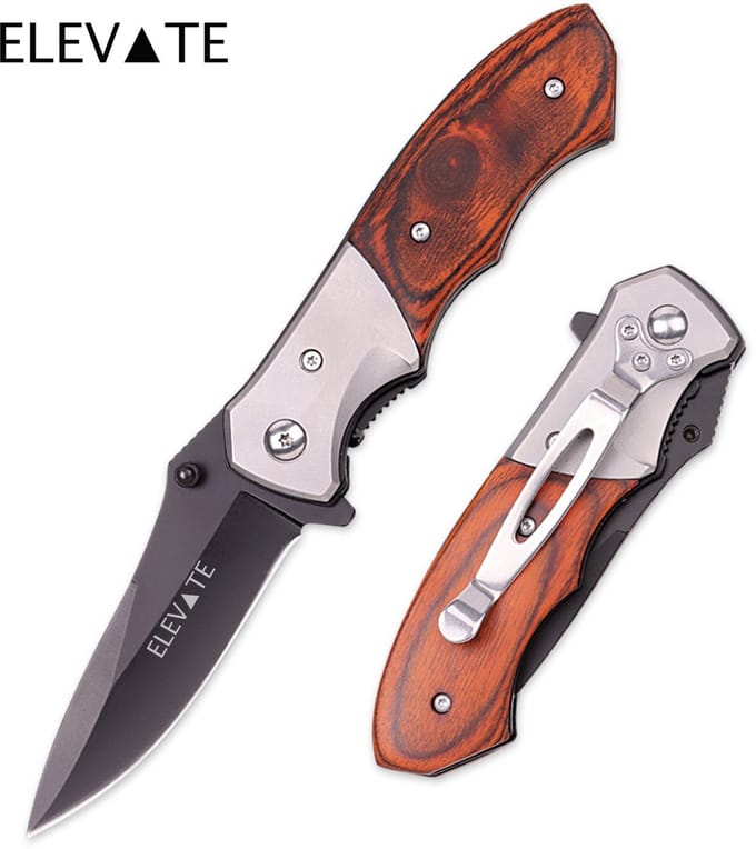 Elevate Zakmes – Zwart Gecoat RVS Lemmet – Opvouwbaar – Hout – EDC