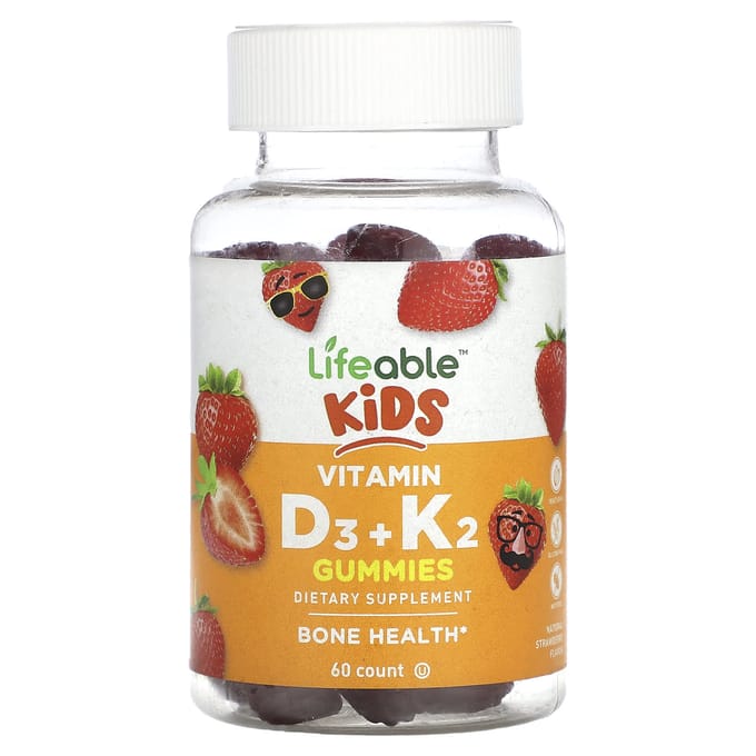 Gommes de Vitamine D3 + K2 pour Enfants, Saveur Naturelle Fraise, 60 Gommes