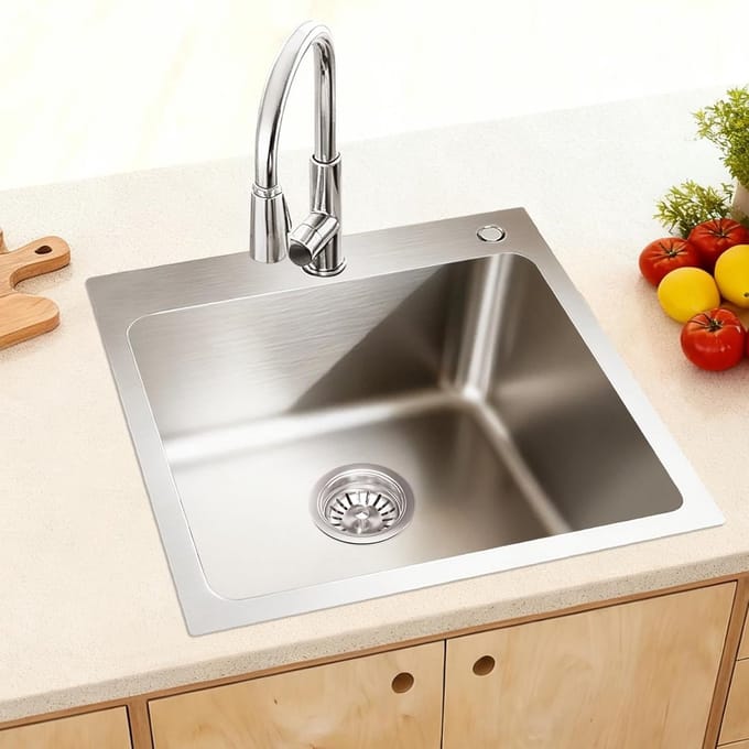 Ronde RVS Spoelbak 38x38 cm Keukenspoelbak met Sifon en Zeepdispenser