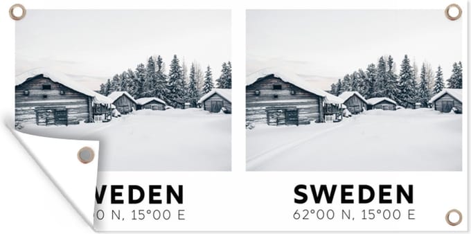 Schuttingposter Zweden - Sneeuw - Huizen - 200x100 cm - Tuindoek
