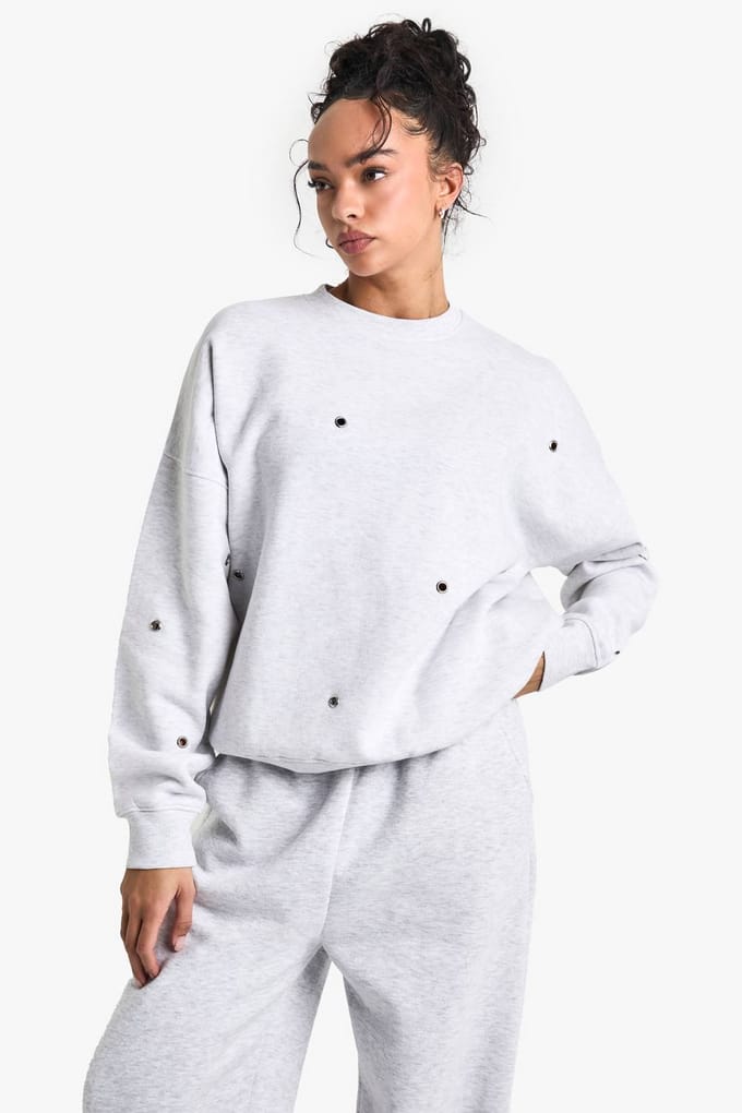 boohoo Dames Eyelet Detail Oversized Sweatshirt | Ash Grey | Maat: Small