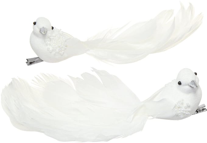 Bruiloftsdecoratie duiven als koppel duiven op clip wit 22cm 2 st