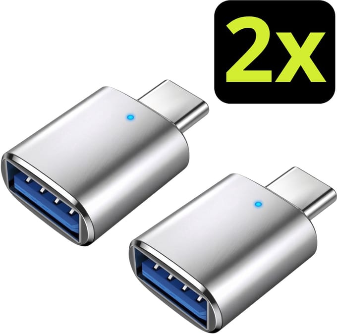Nereb - 2x USB naar USB-C Adapter – 2-Pack – USB-A naar USB-C Converter – USB-C Female - Compact