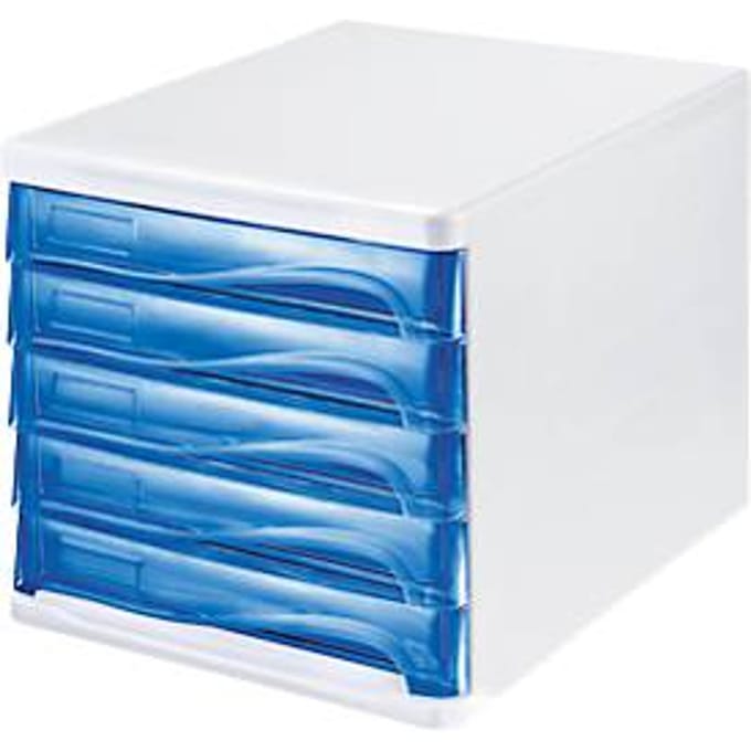 helit ladebox, 5 laden, A4, polypropeen, behuizing wit/schuiflade blauw transparant