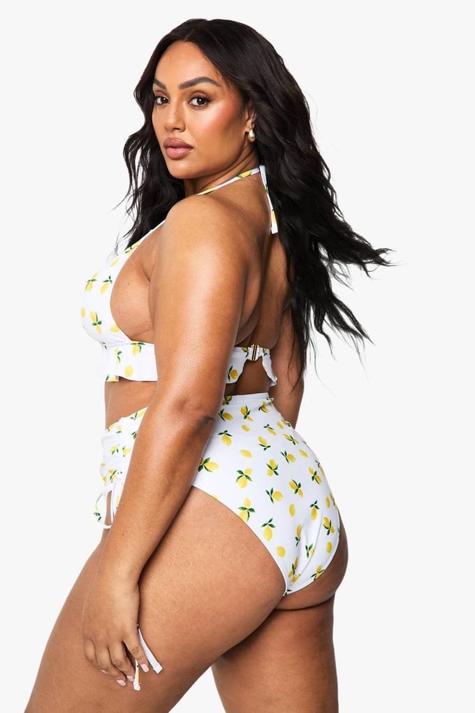 boohoo Dames Plus Lemon Print High Waist Bikini Brief | Maat: 28