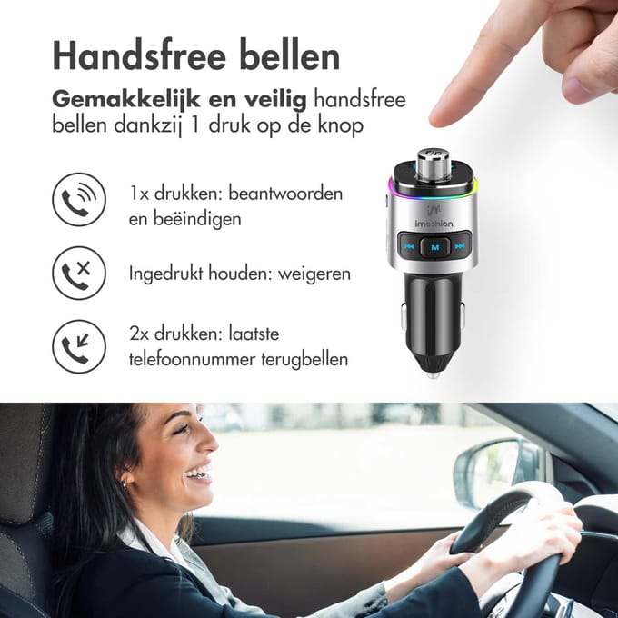 imoshion Bluetooth FM Transmitter - Snellader USB-C - Autolader USB-A - Bluetooth Receiver Carkit - Zwart / Zilver