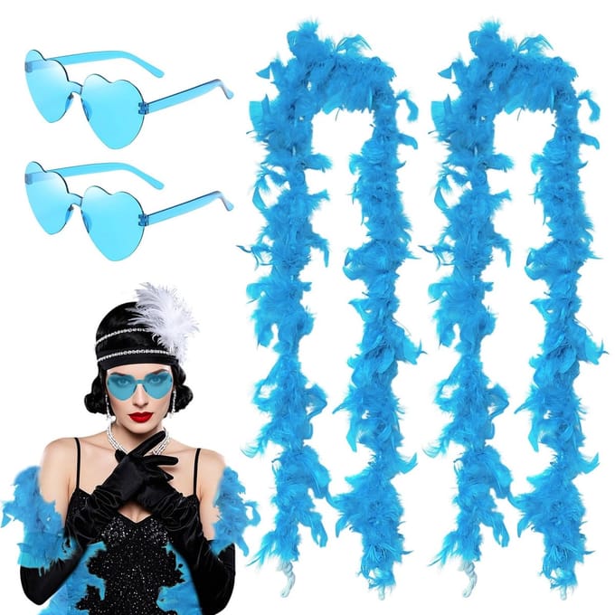 Cosensi - Set van 4 Blauw Veren Boa's en Hartvormige Zonnebrillen