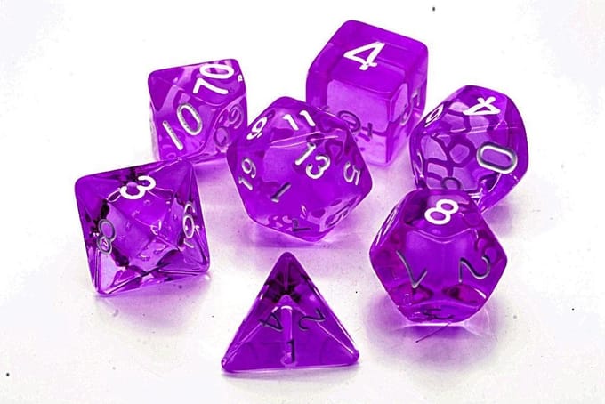 Polydice set 7 stuks - Polyhedral dobbelstenen set | dungeons and dragons dnd dice| D&D Pathfinder RPG | Paars doorzichtig