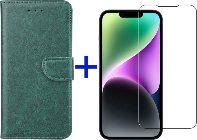 iPhone 14 hoesje bookcase met pasjeshouder + screenprotector voor iPhone 14 - Groen