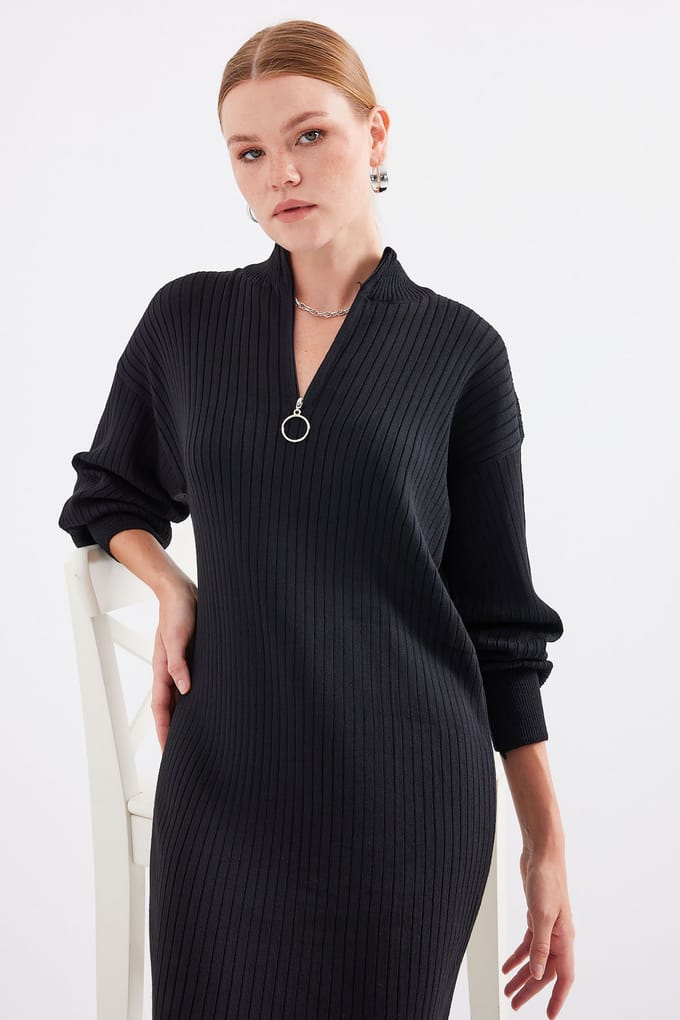 Geweven Tricot Jurk met Halve Col en Rits