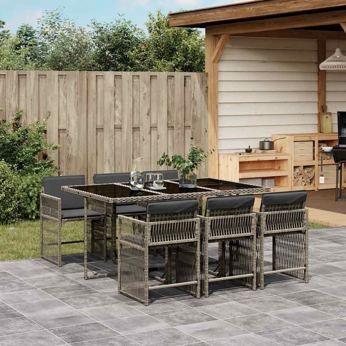 vidaXL - 7-delige - Tuinset - met - kussens - poly - rattan - grijs