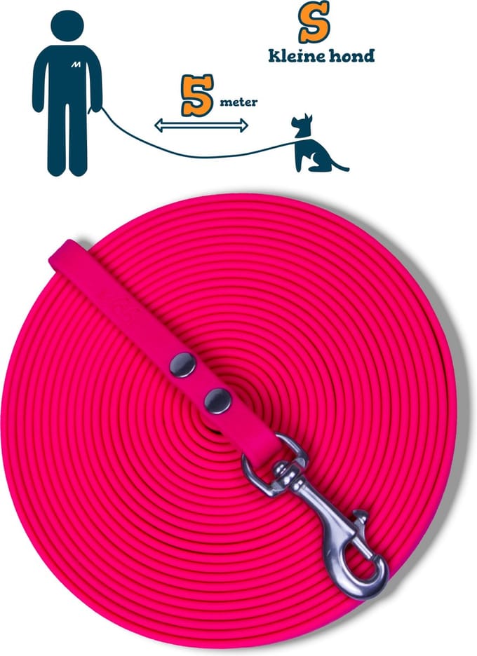 Miqdi BioThane® Sleeplijn 5 meter – zonder handvat – S (9 mm) – neon roze – waterdicht & sterk