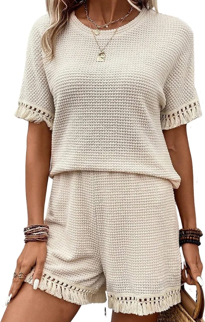 Dames Kledingset - Korte Broek - Short - Shirt - Wit - Gebreid