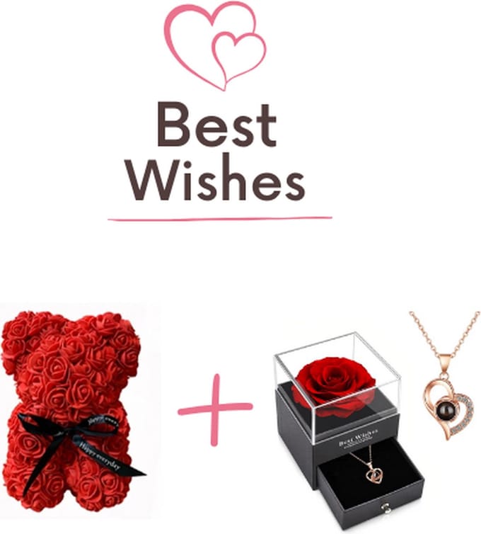 Valentijn - Sieraden Doos & Rose Hartjes Ketting - Harte beer - 2+1