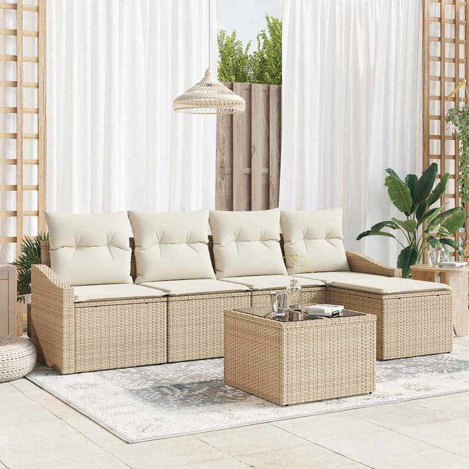 vidaXL Bankstel met kussen met opslag 6 pcs Beige en Crème poly rattan
