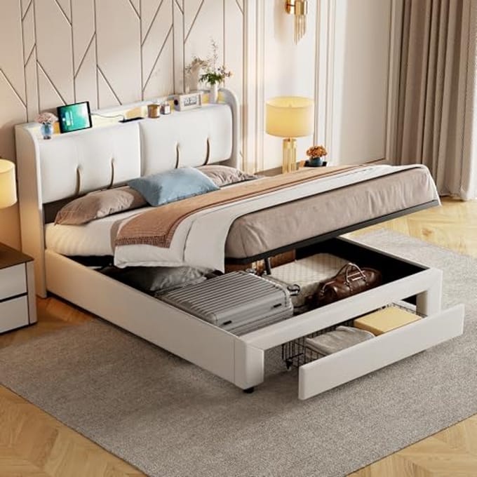 Gestoffeerd Tweepersoonsbed 140 x 200 cm met Opbergruimte en USB