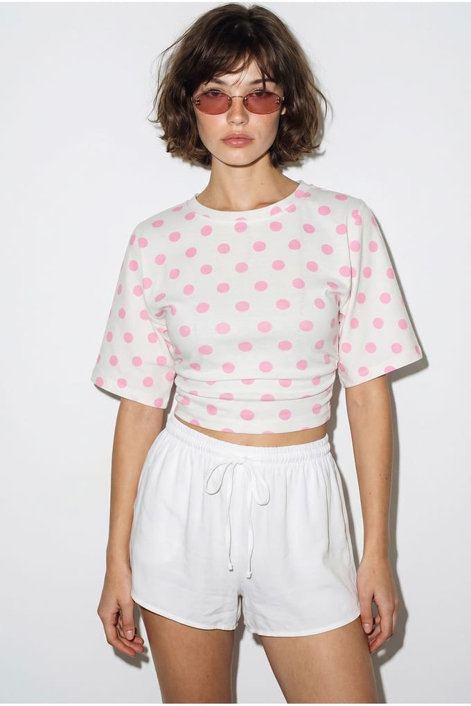 Dames Cropped Polkadot Crew Neck T-Shirt
