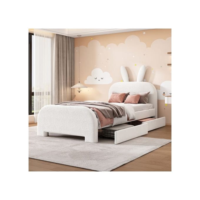 Kinderbed - MUVOE - 90x200cm - Gestoffeerd - Opberglades - Konijnendesign wit