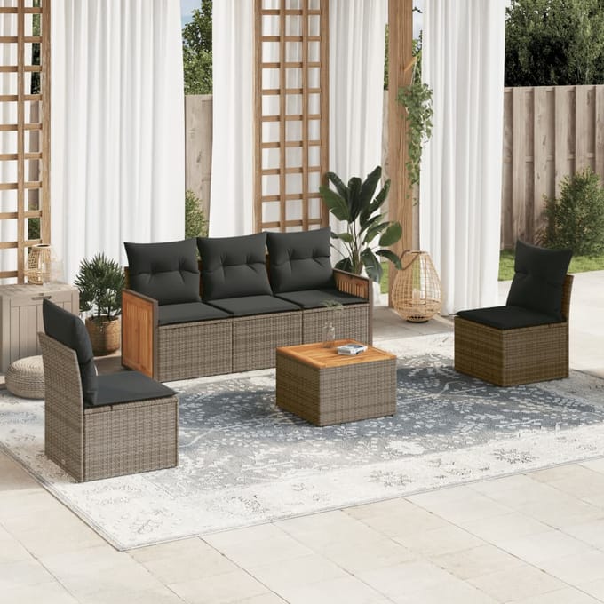 vidaXL - 6-delige - Loungeset - met - kussens - poly - rattan - grijs