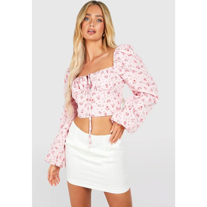boohoo Dames Floral Tie Balloon Sleeve Corset | Pink | Maat: 6