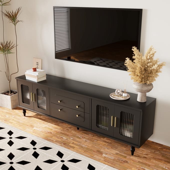 REDOM - TV-meubel - Particle board - gouden grepen - 175 x 38 x 55,5 cm Black
