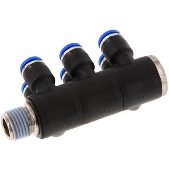 6mm x R1/4'' 6-way Manifold Messing/PA 66 Insteekfitting Buitendraad Draaibaar NBR