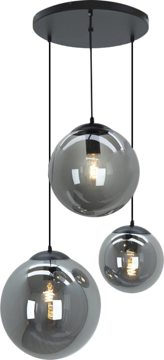 Olucia - DOLF - Hanglamp - Zwart / Grijs - 3L - Vorm: Rond