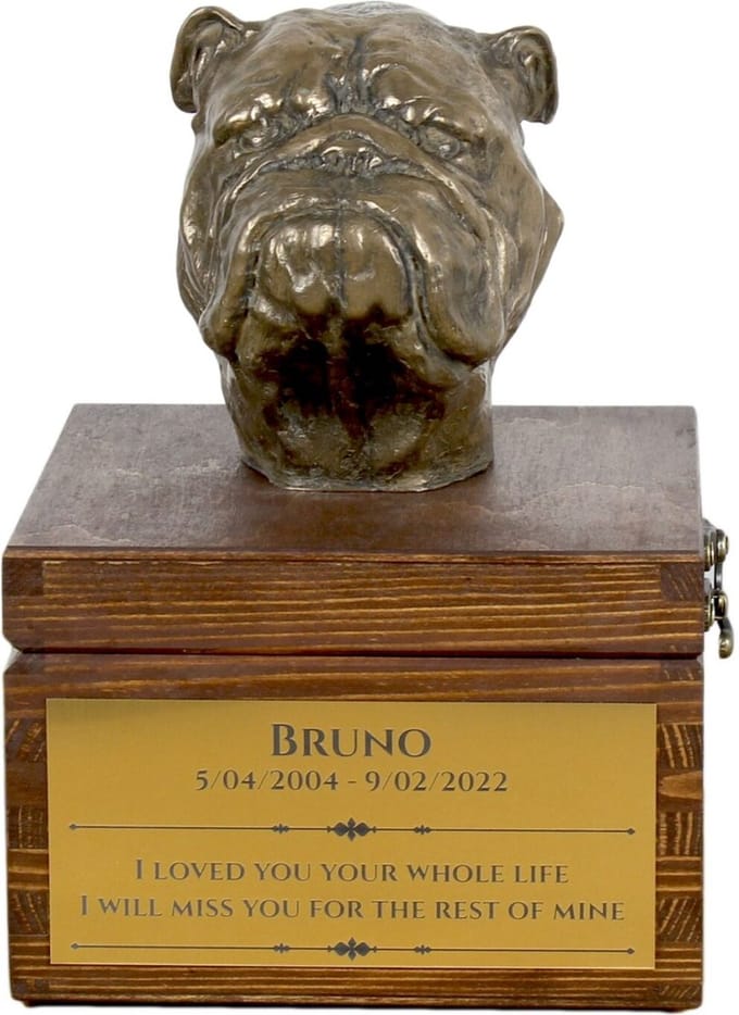 Engelse Bulldog urn hond met beeldje - gepersonaliseerde hondenurn