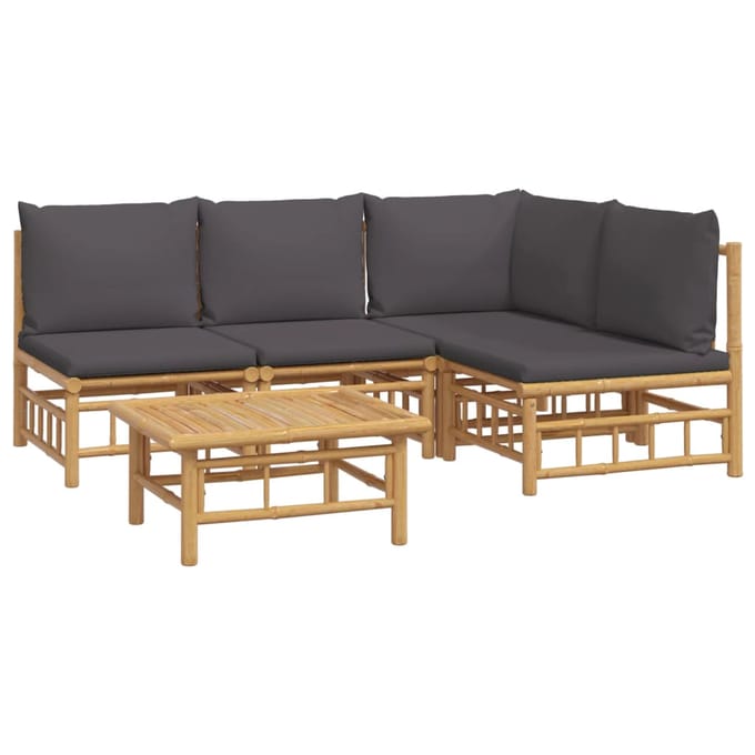vidaXL - 5-delige - Loungeset - met - kussens - bamboe - donkergrijs