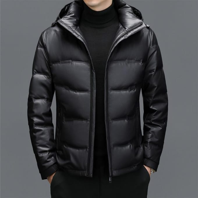 Echt Leer Donsjack Heren Leren Jas Middelbare Leeftijd Heren Losse Casual Leren Jas Capuchon Dik Donsjack Jas M black