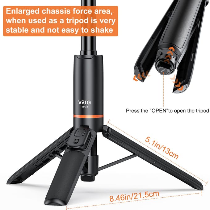 VRIG TP-19 Uitschuifbaar Selfie Stick Statief voor Telefoon Max. Lengte 59.5cm/23.4in met Afstandsbediening zwart