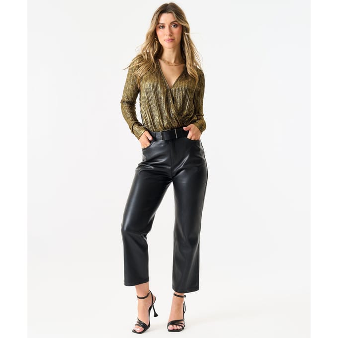 Gold Metallic Plisse Wrap Front Bodysuit