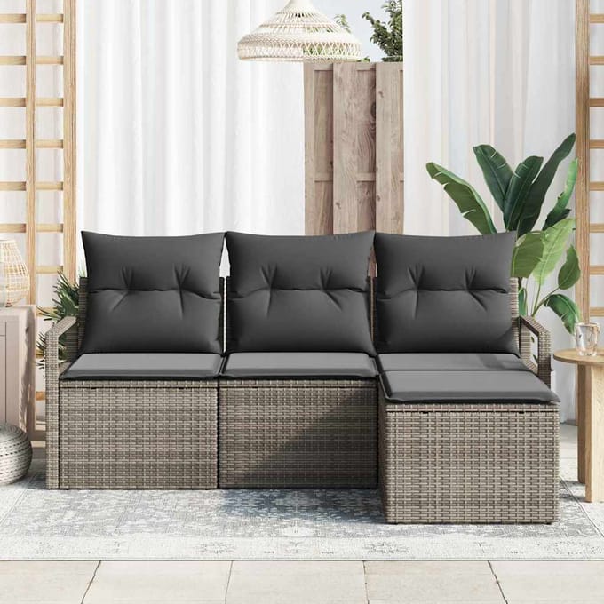 vidaXL Bankstel met kussen met opslag 4 pcs Grijs poly rattan