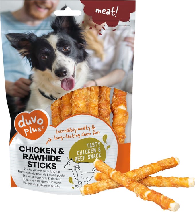 Duvo+ Meat! Kip & Runderhuid Sticks - Hondensnack - Small - 12,5cm - +- 9st - 100gr